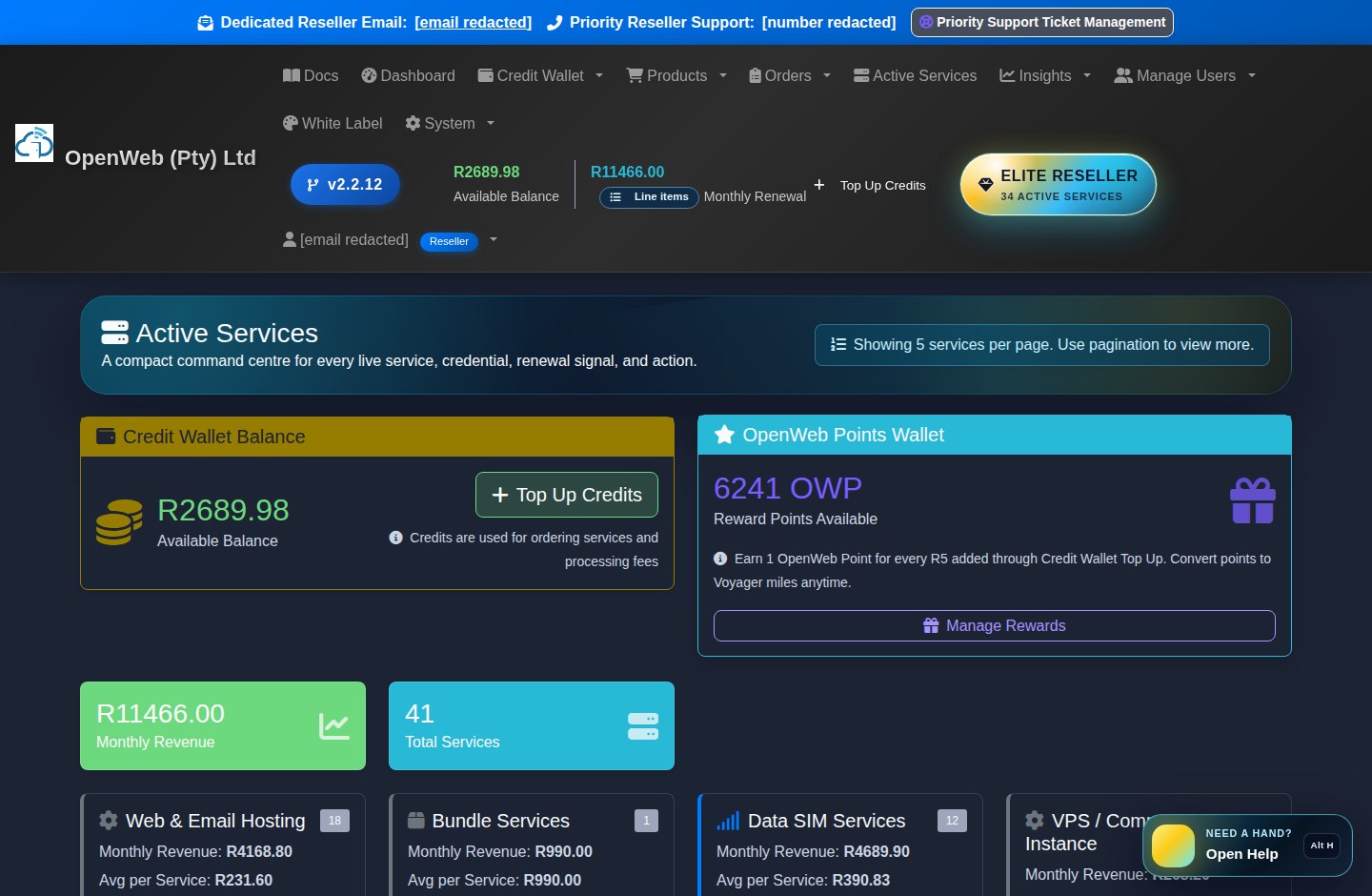 Current OpenWeb reseller panel screenshot: Active services management