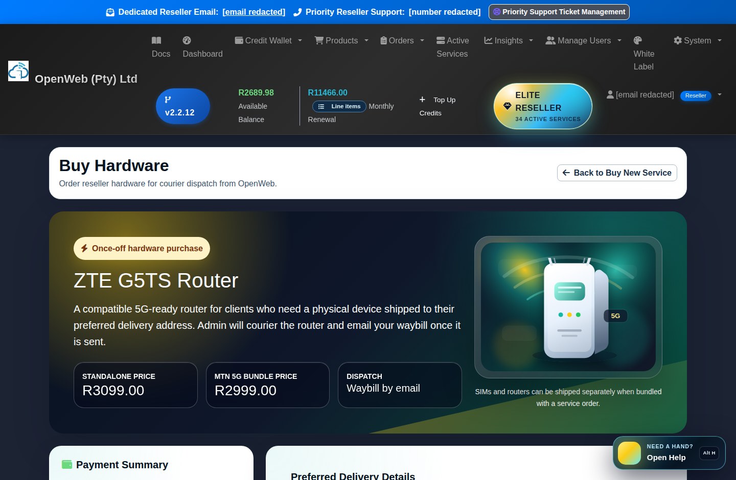 Current OpenWeb reseller panel screenshot: Hardware checkout