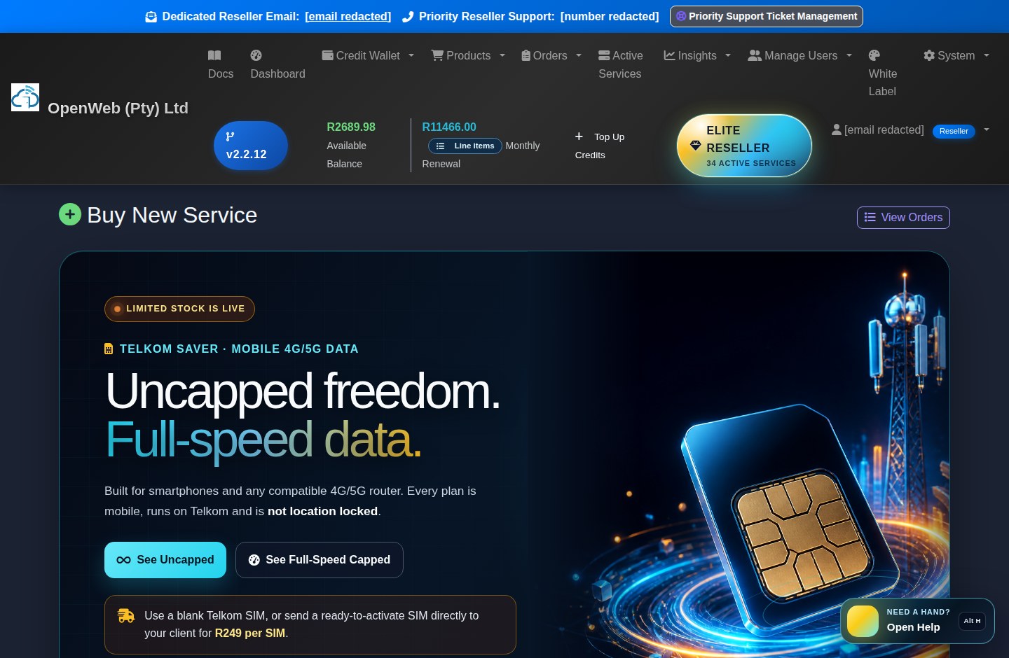 Current OpenWeb reseller panel screenshot: Product catalogue and create service