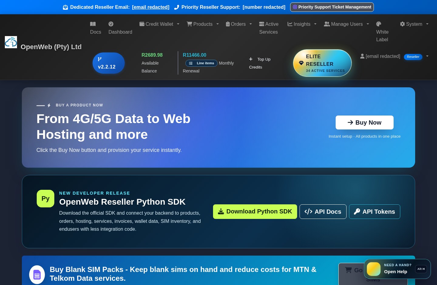 Current OpenWeb reseller panel screenshot: Reseller dashboard