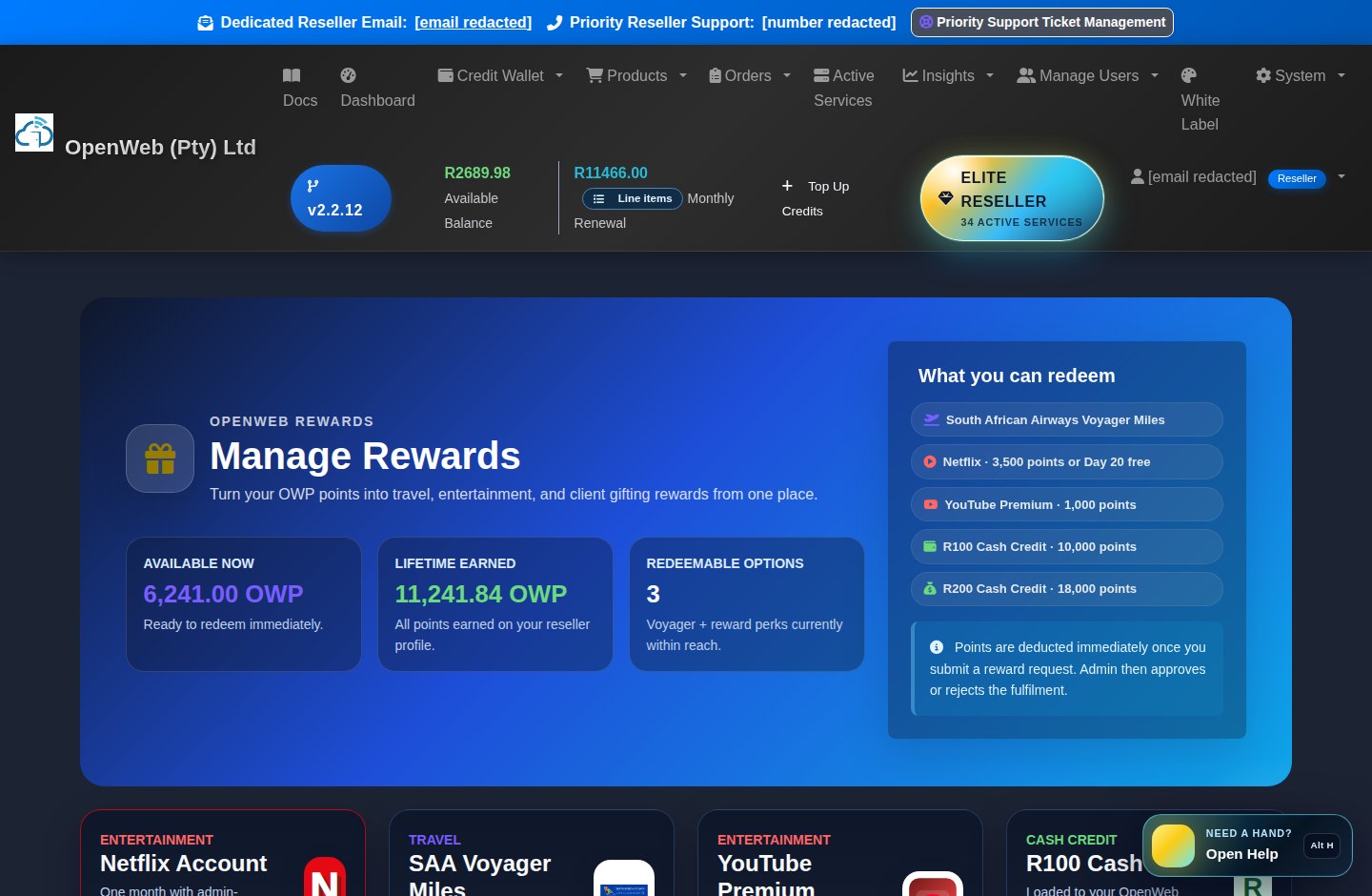 Current OpenWeb reseller panel screenshot: Rewards and Voyager wallet