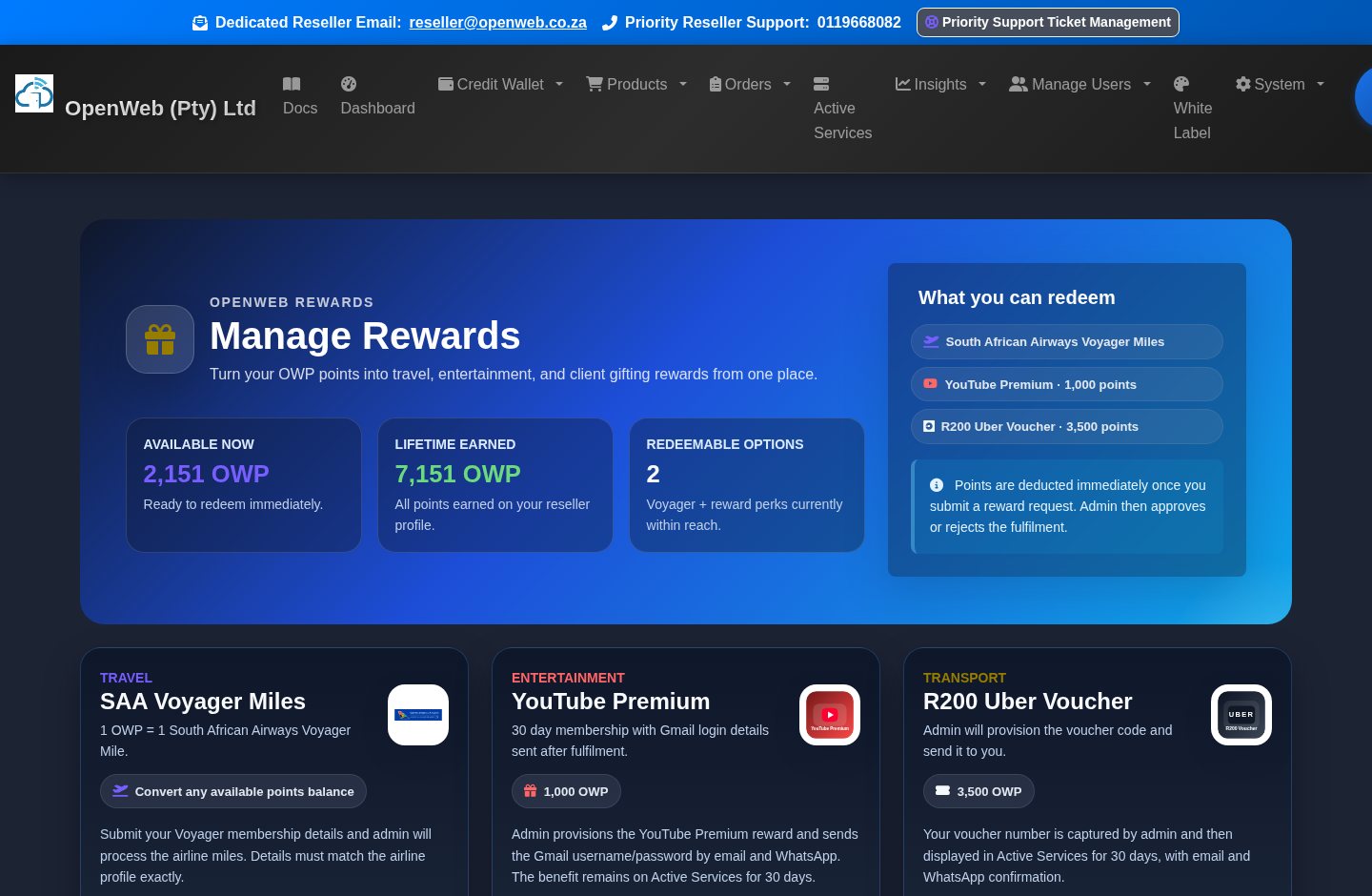Live OpenWeb reseller panel screenshot: Rewards and Voyager wallet