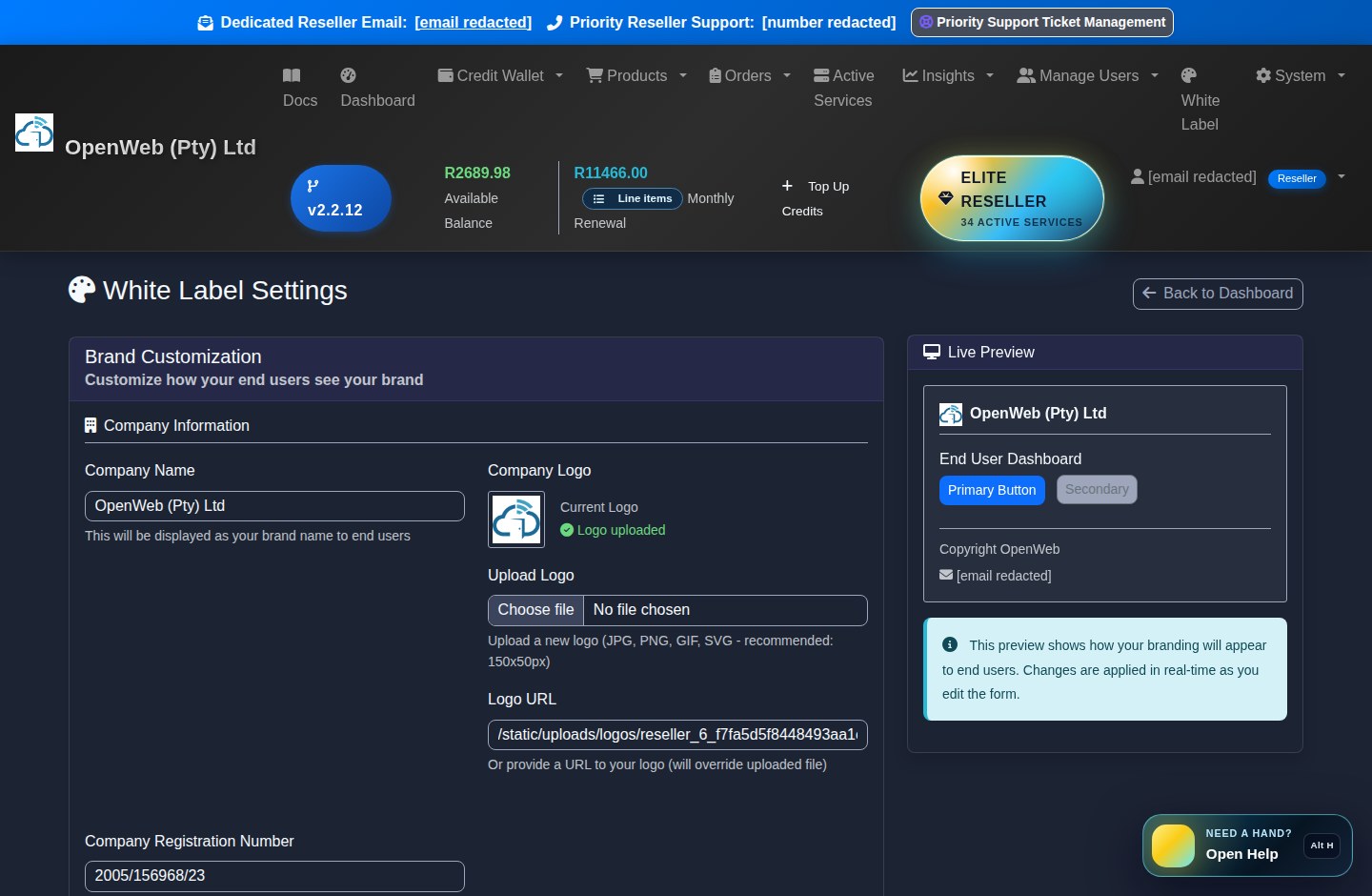 Current OpenWeb reseller panel screenshot: White Label Settings